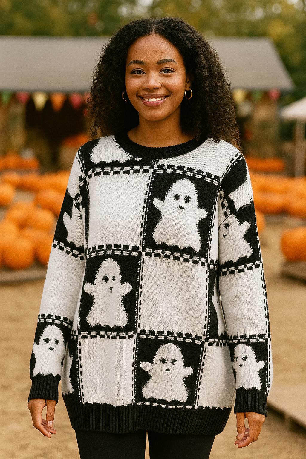 Retro Checkered Ghost Halloween Knit Sweater