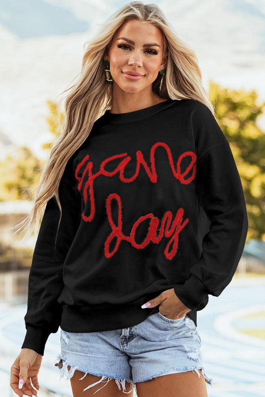 Game Day- Red Black Embroidered Crew