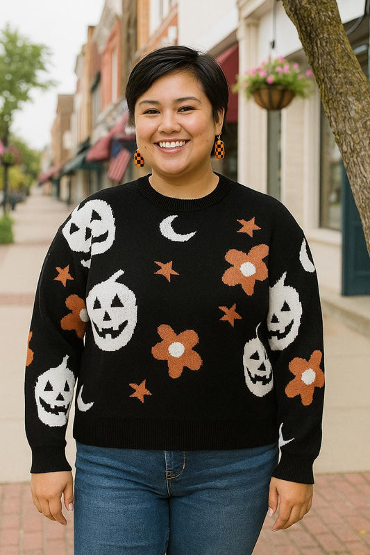 Boho Halloween Jack O Lantern Knit Sweater